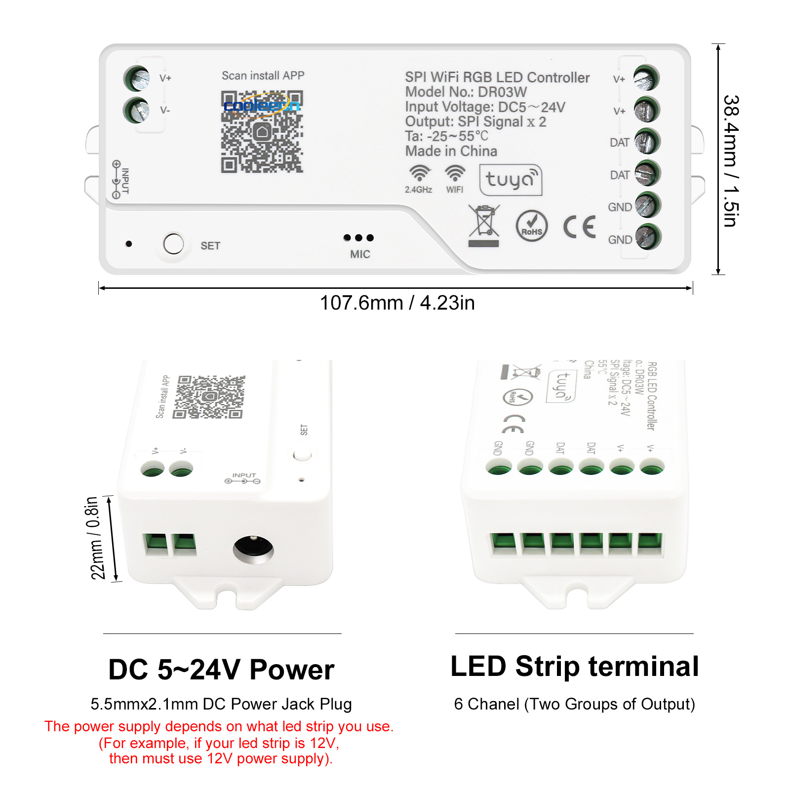 Tuya WiFi Adressierbarer LED-Controller WS2811 WS2812B WS2814 SPI RGBWIC RGBIC LED-Streifen Dimmer LED-Controller 5-24V Pixelstreifen