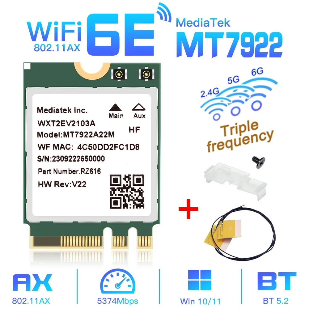 Беспроводная карта Wi-Fi 6E MT7922 M.2 5374 Мбит/с Сетевой адаптер Bluetooth 5.2 802.11ax 2,4G/5G/6 ГГц MediaTek MT7922 MU-MIMO Win 10 11