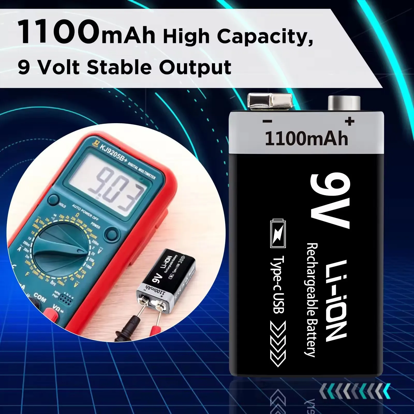 Kuugro USB 9V Rechargeable Battery 1100mAh Type-C Rechargeable 6F22 9V Li-ion Battery for RC Helicopeter Model Multimeter Toy