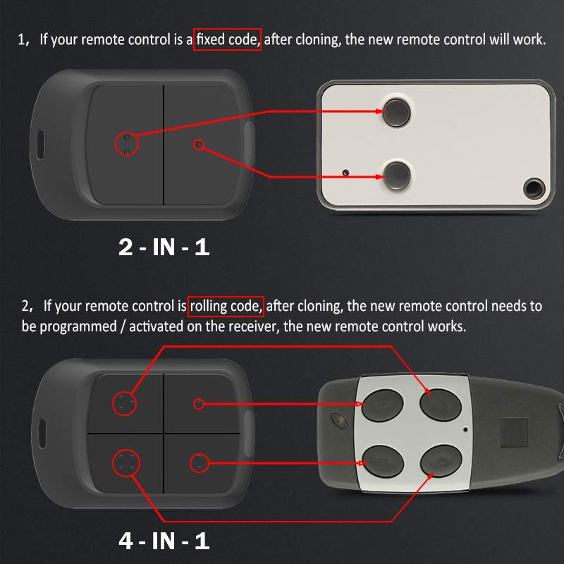 Control remoto multifrecuencia para puerta de garaje YNG800, de 280 MHz a 868 MHz, con código variable y código fijo, transmisor manual de 433 MHz con clip.
