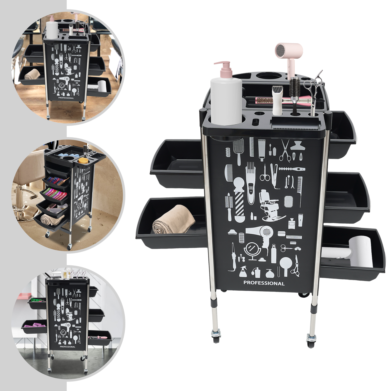 Kappers Schoonheidssalonwagen met 5 laden Trolley met grote capaciteit Multifunctionele platformwielen Flexibele beweging