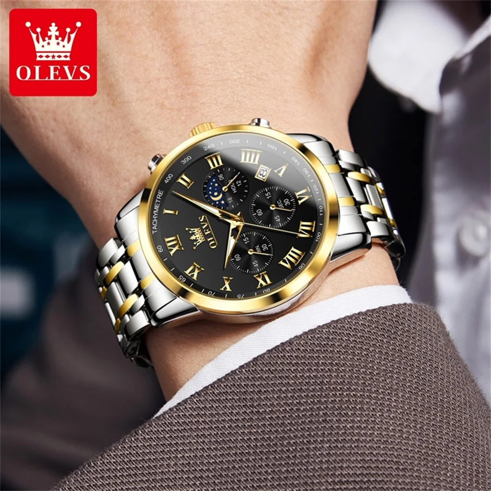 OLEVS 5529 reloj de marca de lujo para hombre, resistente al agua, luminoso, de acero inoxidable, con código de sincronización de fase Lunar, nuevo reloj de cuarzo para hombre