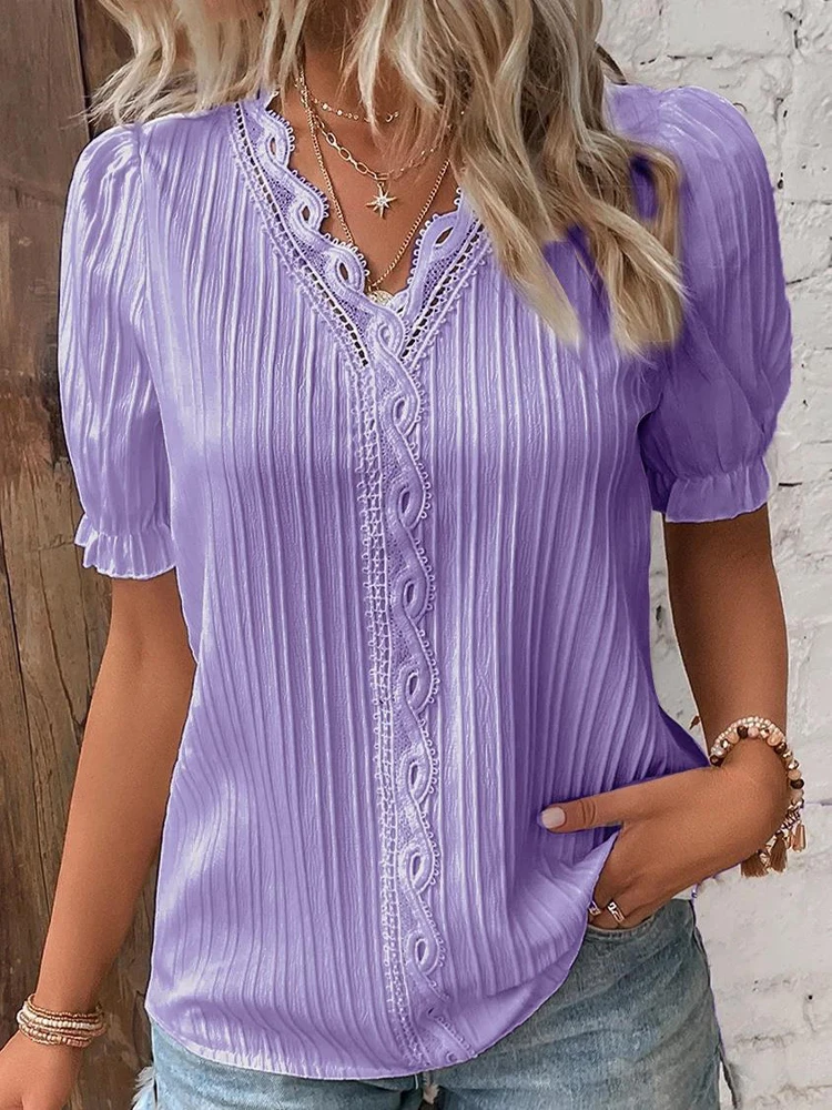 2024 sommer Neue frauen Bluse Top Solide Sexy V-ausschnitt Hohl Kurzarm Mode Splice Plus Größe Lose Straße Bekleidung hemd