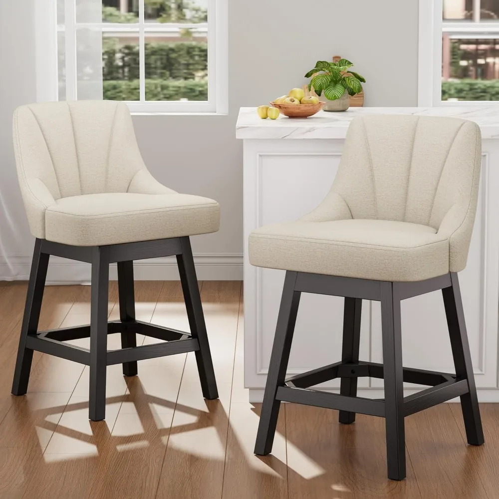 Swivel Bar Stools with Backs, 26" Counter Height Bar Stools Set of 2, Linen Fabric Extra Upholstered Counter Barstools with Squa