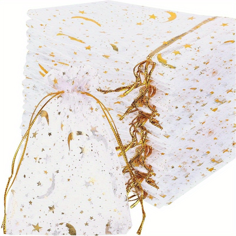 50PCS White Moon Stars Drawstring Organza Bags Jewelry Gift Bags Pouches Gold Star Organza Favor Pouches for Christmas Wedding