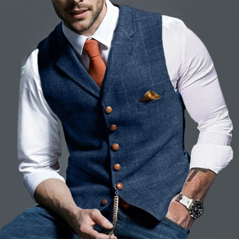 แฟชั่นผู้ชายเสื้อLapel Tweedลายสก๊อตVคอเสื้อกั๊กSlim Fitเสื้อกั๊กธุรกิจอย่างเป็นทางการชุดลําลองงานแต่งงานTuxedoชายเสื้อกั๊ก