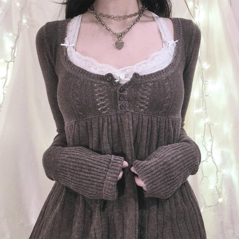 2000er Jahre Vintage Langarm Babydoll Strickpullover Tops Cottage Milkmaid Pullover Ästhetische Grunge Y2k Strickwaren T-Shirts Damen
