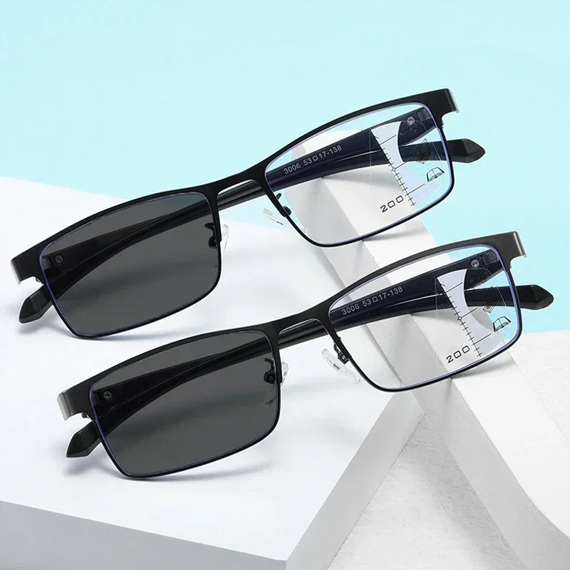 Progressive Multifocal Photochromic Reading Glasses Anti-blue Light Far Sight Glasses Men Half Frame Business Presbyopia Glasses