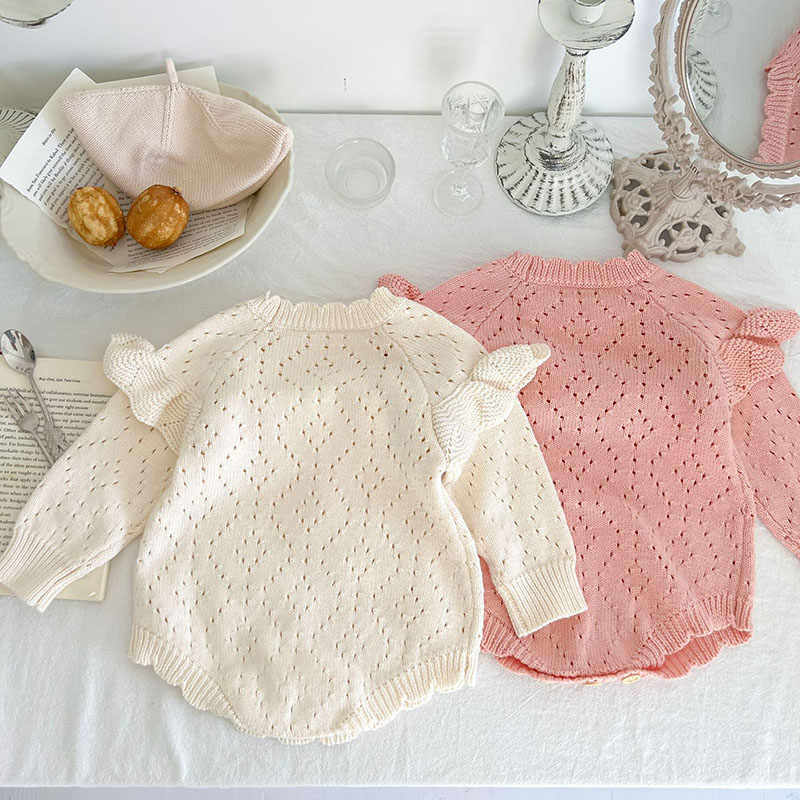 Bé Sơ Sinh Bé Gái Đan Bodysuits Đồng Màu Rỗng Dài Tay Thu Đông Xuân Trẻ Sơ Sinh Bé Gái Đan Jumpsuit