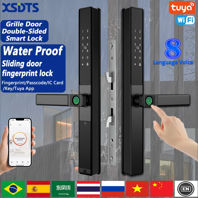 Double-Side Smart Door Lock Waterproof Fingerprint Password Card Tuya App Bridge-Cut For Outdoor Pull Push Sliding Grille Door