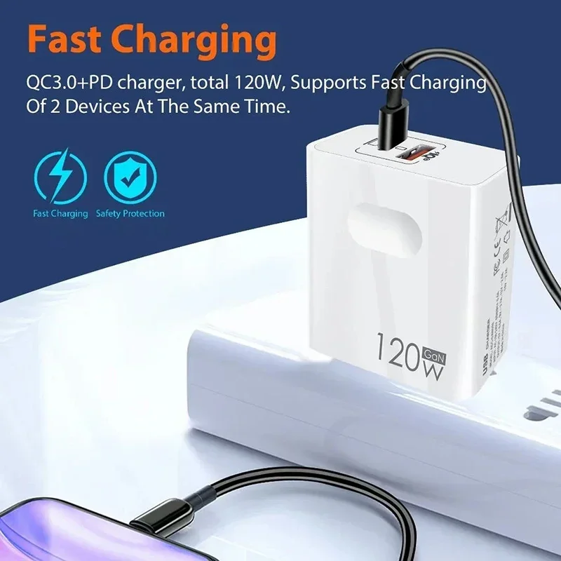 Xiaomi 120 Вт USB C Gan Адаптер для быстрой зарядки для Iphone 15 PD Супер быстрое USB-зарядное устройство для Samsung Ноутбук Планшет Ipad Macbook OPPO