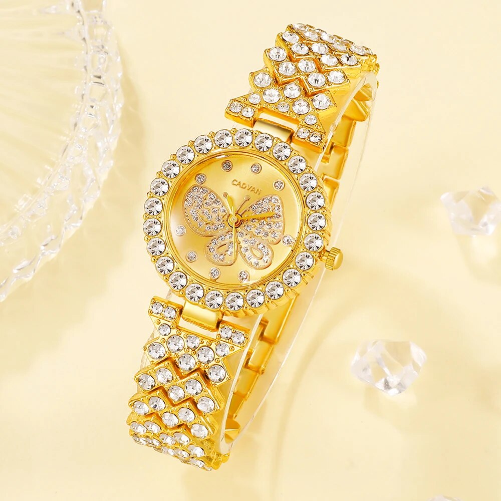 Women Butterfly Dial Watch Design de marca Relógio feminino Relógio pulseira de aço quartzo moda luxo Set com diamantes