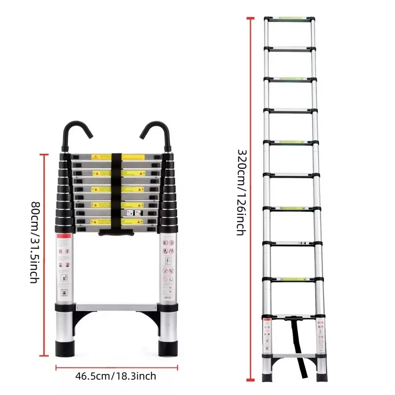 10.5ft (about 3.2m) Retractable Ladder Multi-functional Foldable Ladder Retractable Ladder Suitable Daily Attic Home 330 Pounds