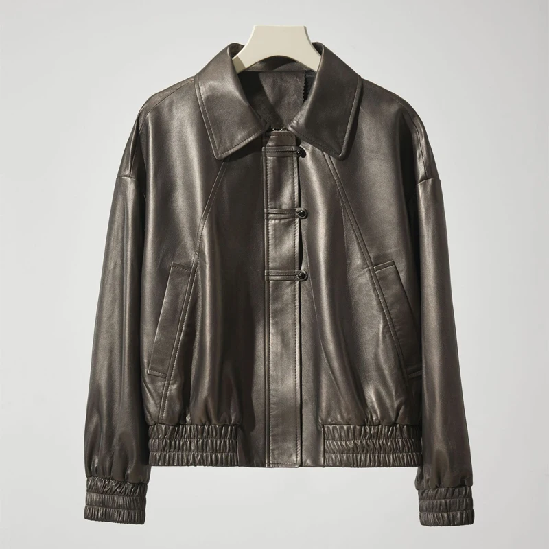 Damen Echt lederjacke neue Mode Knopf lose Langarm weibliche elastische Taille lässig Schaffell Jacke Mäntel Tops