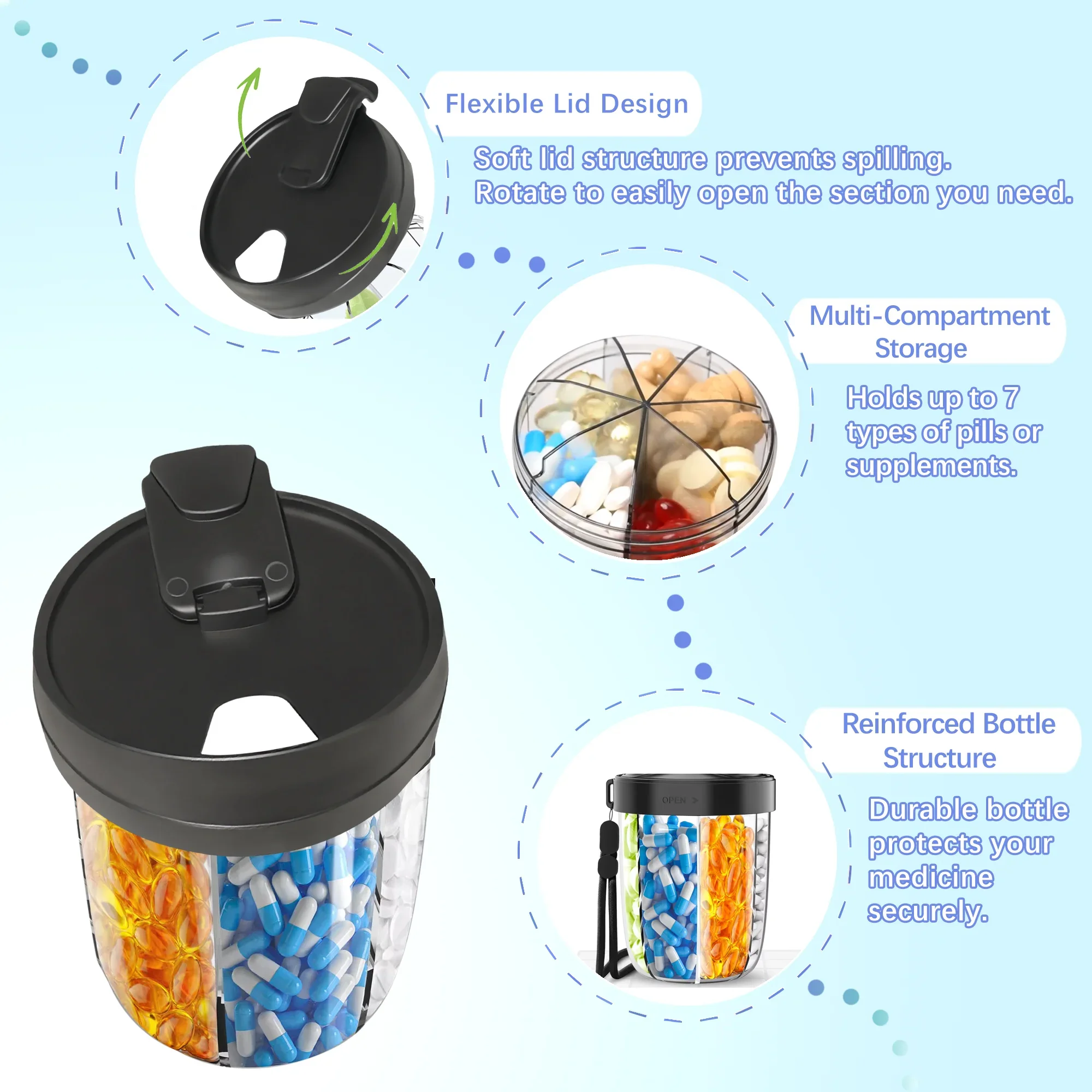 7 Grids Large Pill Box Cases for Travel A Month Pill Organizer Pill Dispenser for Tablets Vitamins Medicine Fish Oils Sub-packed