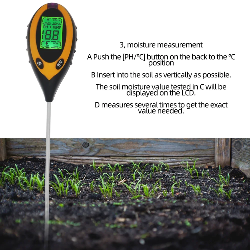 Probador de suelo 4 en 1, medidor de temperatura de humedad de PH, Monitor de humedad del suelo, herramienta de medida de acidez para plantas de jardín