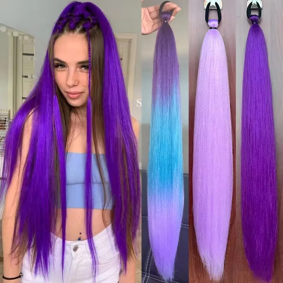 Synthetic 2Pcs Straight Ponytail With Elastic Hair Tie Colorful Braiding Ponytail Hair Extensions Hair Accessories For Women