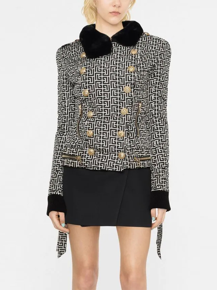 ハイストリート最新 2024 FW デザイナーファッション女性のライオンボタンモノグラム毛皮の襟キルティングジャケットコート