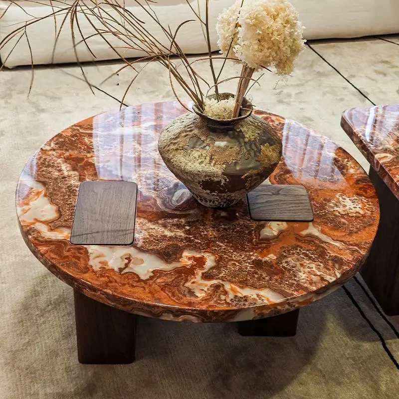 Mesas de ninho de pedra de dragão vermelho de luxo italiano-conjunto de café de mármore redondo de designer com carmesim para peça central de sala de estar premium