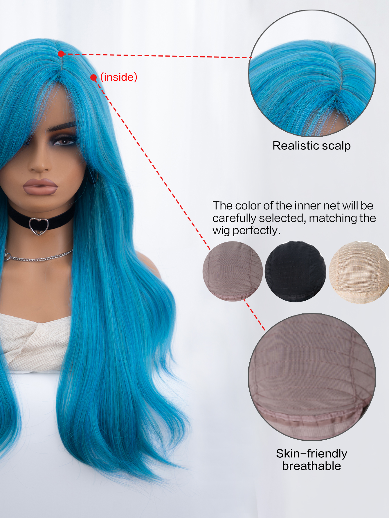 28 นิ้วสีฟ้าวิกผมสังเคราะห์กลางยาววิกผมหยักธรรมชาติสําหรับผู้หญิงคอสเพลย์ลาก Queen Party ทนความร้อน