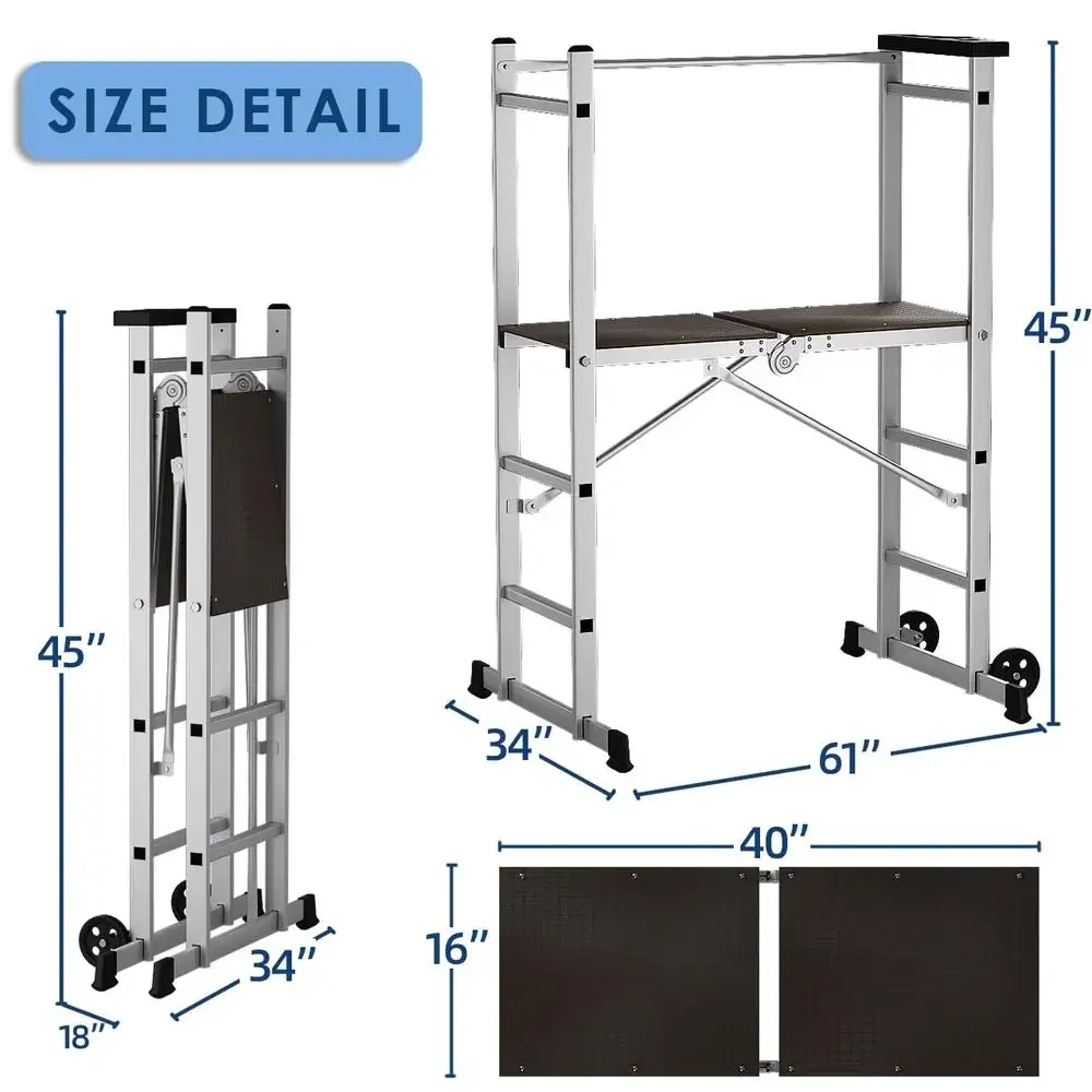 Foldable Aluminum Rolling Scaffold Tower Work Platform Ladder Stool Safety Handrail Kit