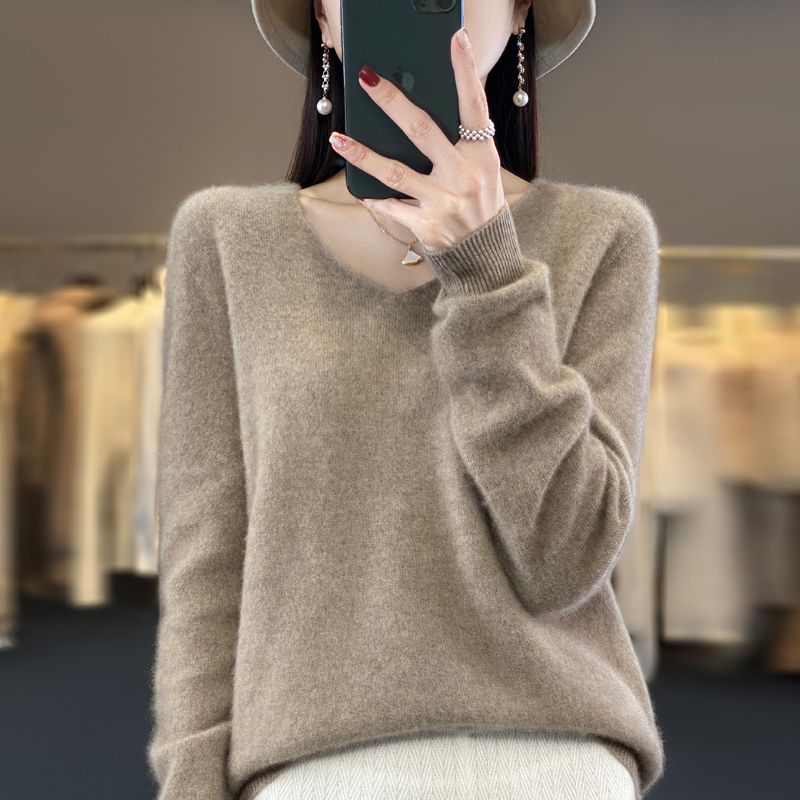 100% suéter de cachemira de lana pura para mujer, jersey con cuello en V, top de punto informal, abrigo para mujer de otoño e invierno, moda coreana