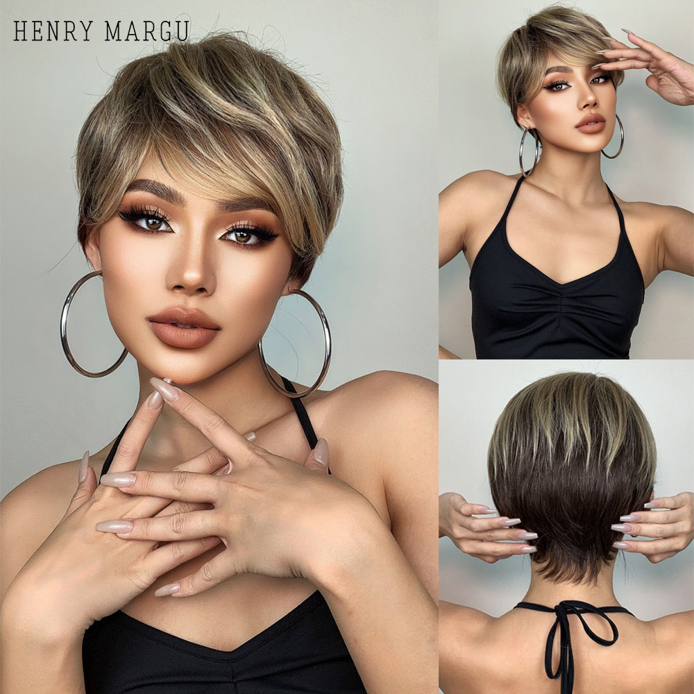 HENRY MARGU Pelucas de pelo corto Rubio marrón ombré de raíz oscura peluca sintética de corte Pixie esponjosa para mujeres blancas y negras resistentes al calor