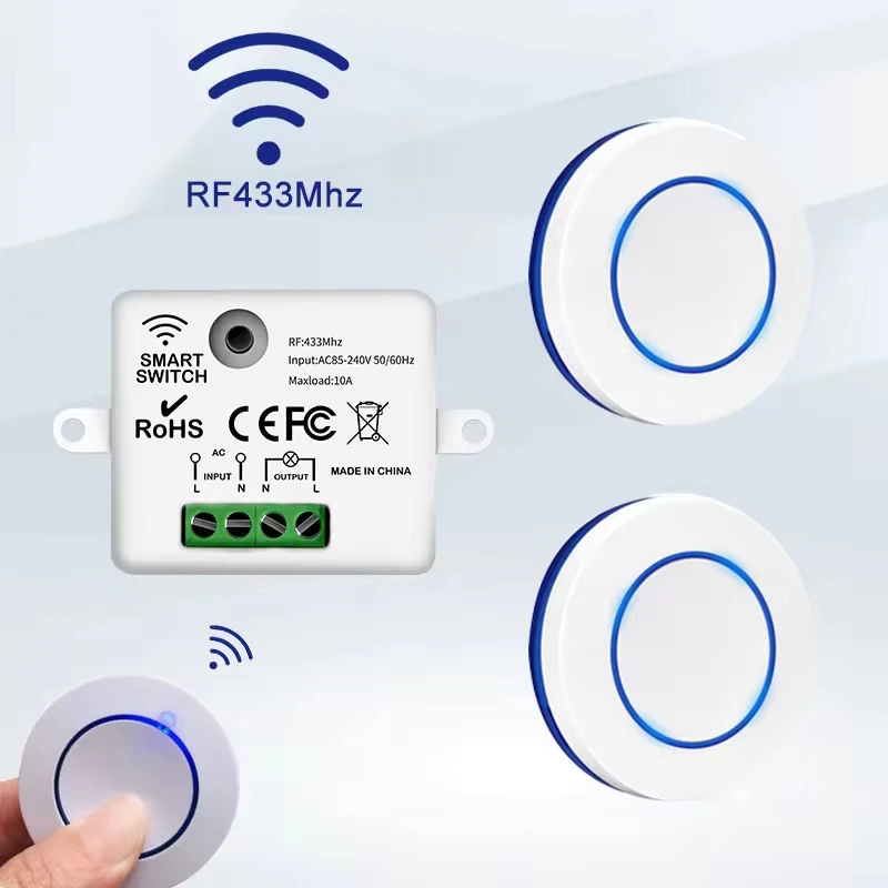 220v 110v 10a receptor de relé mini botão redondo interruptor de painel de parede rf 433mhz interruptor de luz de controle remoto sem fio para lâmpada led