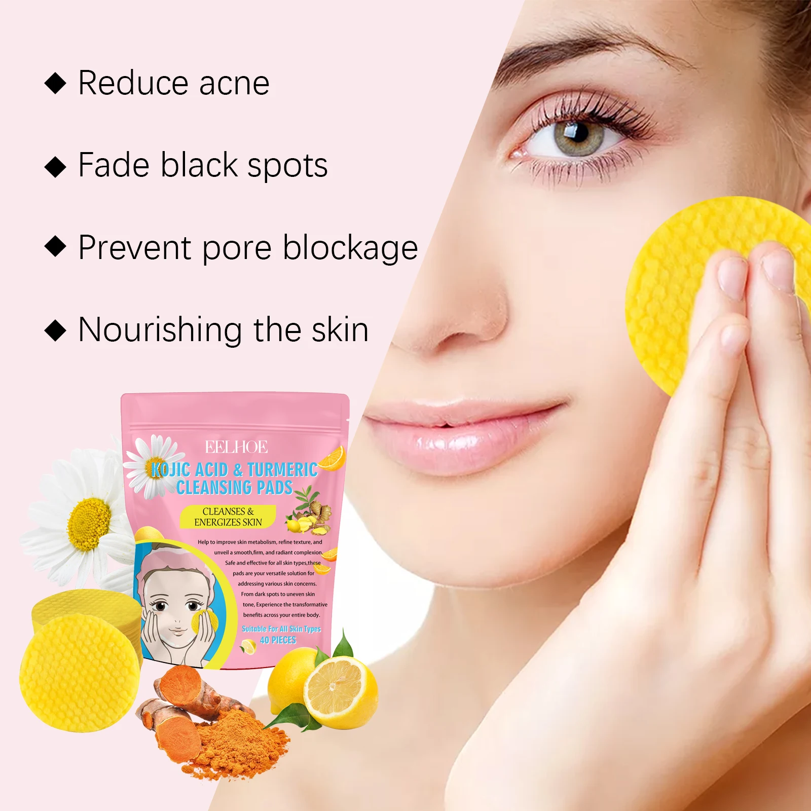 Il tampone detergente all'acido cogico alla curcuma esfolia delicatamente la pelle pulisce in profondità e schiarisce le macchie mantiene l'acqua e l'equilibrio dell'olio
