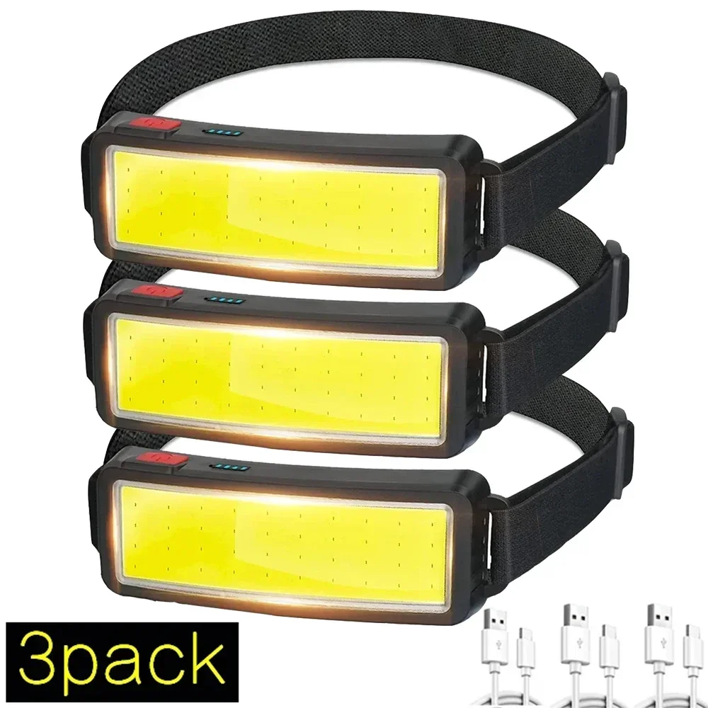 Torcia frontale a LED COB 3 modalità, batteria incorporata Lampada frontale ricaricabile USB Lanterna da pesca da campeggio di emergenza esterna