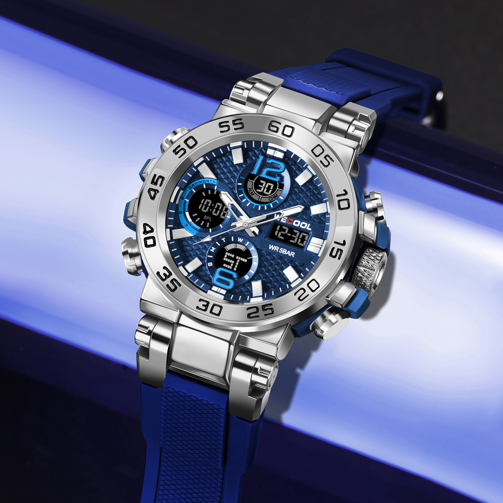 WECOOL merk dubbel display digitaal W-822 50M waterdichte wekker lichtgevend horloge voor mannen