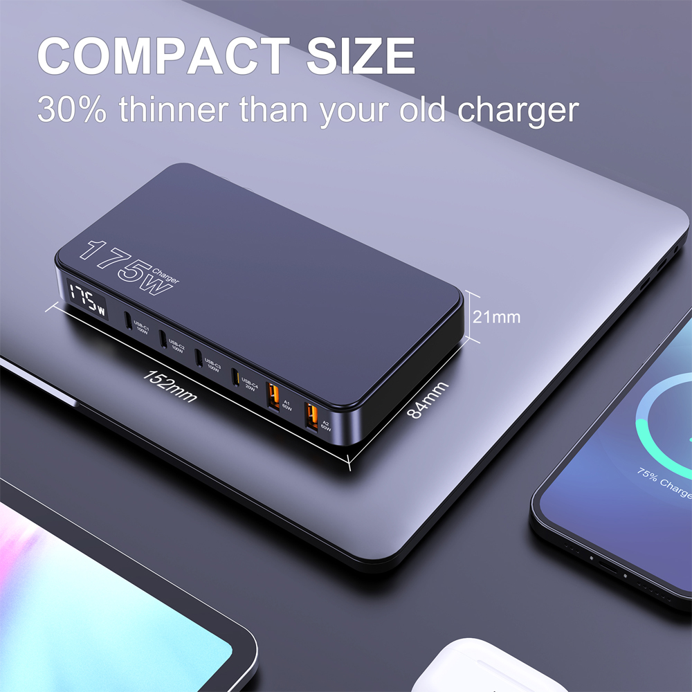 Ueetop 175 W GaN USB C Ladegerät LED-Anzeige 6-Port-Desktop-Ladegerät Typ C PD 100 W PPS 45 W Schnellladung für MacBook Samsung iPhone