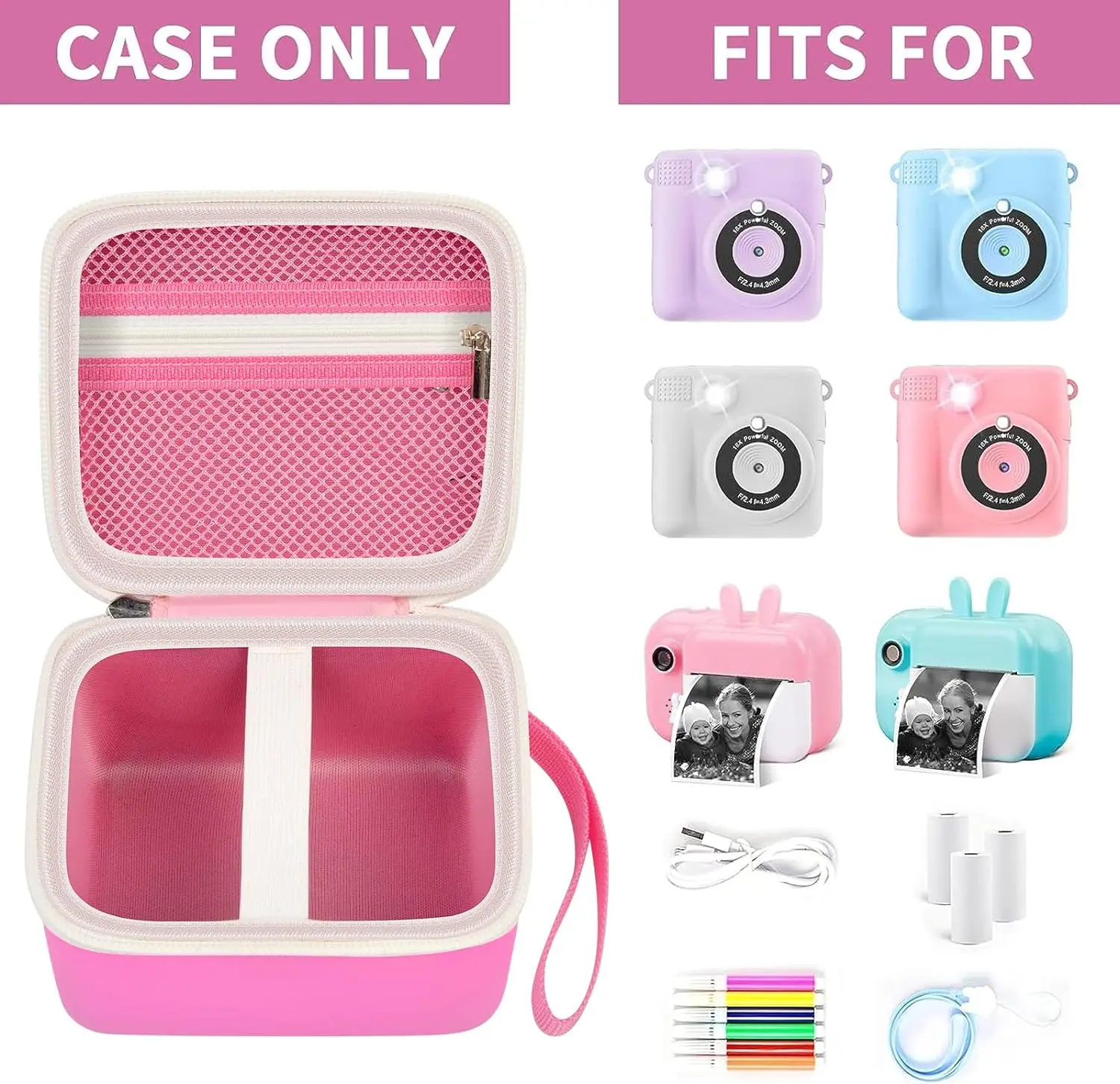 Kid's Camera Case Compatível com Câmera Instantânea para Crianças, Câmeras de Vídeo Digitais, Saco de Armazenamento para Meninas, Criança