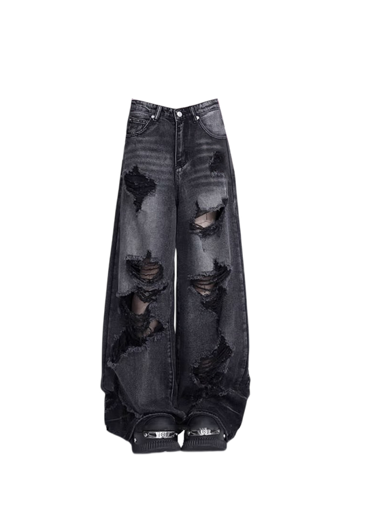 Frauen Schwarz Goth Zerrissene Jeans Vintage Cowboy Hosen Ästhetische Harajuku Baggy Denim Hosen Y2k Oversize Trashy 2000er Jahre Emo Kleidung