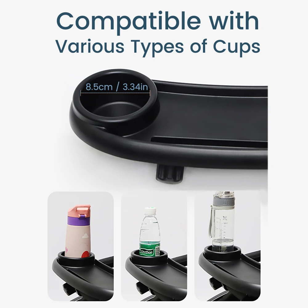 Bandeja universal 3 em 1 para lanche, suporte de copo ajustável, slot para telefone, compatível com a maioria dos carrinhos, viagem multifuncional