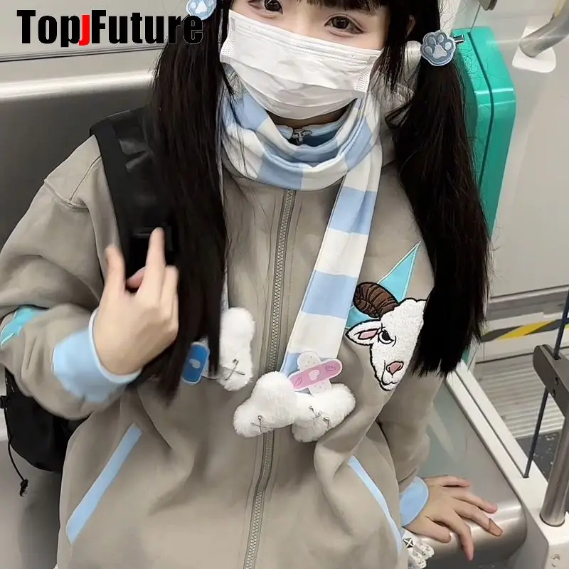 Harajuku Gothic Lolita Y2k Meisje Punk Vrouwen Lange Sjaal streetwear engel Harige Bone Sjaals