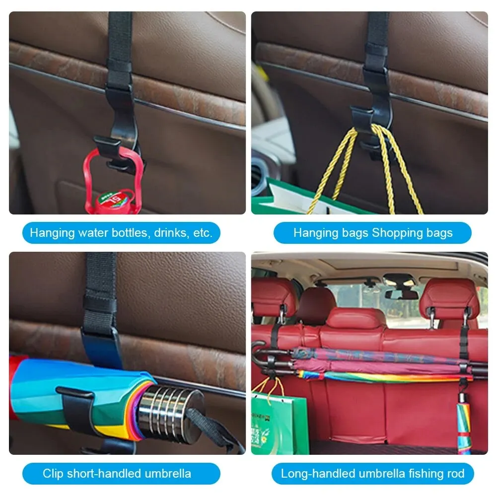 2 szt. Regulowane haczyki na zagłówek samochodowy, wielofunkcyjny uchwyt na parasol, mocowanie do bagażnika, akcesoria do wnętrza auta na tylne siedzenie pojazdu
