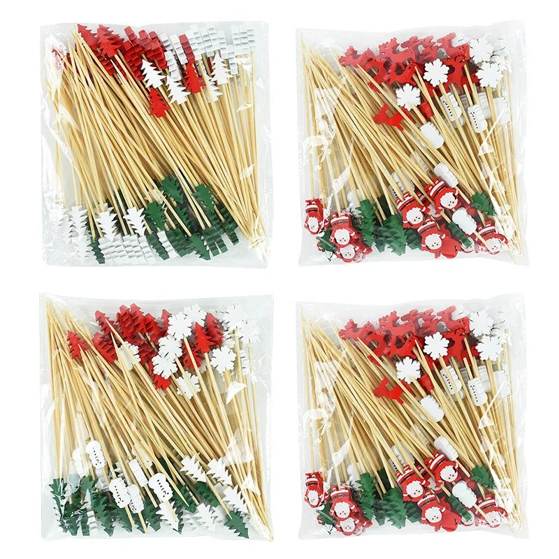 50-100pcs Christmas Disposable Bamboo Food Pick Cupcake Topper Santa Dessert Fruit Salad Toothpick 2025 New Year Noel Decoration