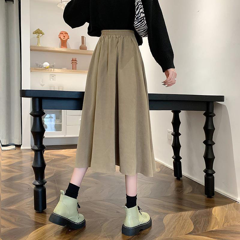 Xpqbb Koreaanse Stijl Dames Midi Rok 2022 Herfst Hoge Taille Corduroy Lange Rok Vrouwen College Stijl Geplooide A-lijn Rokken