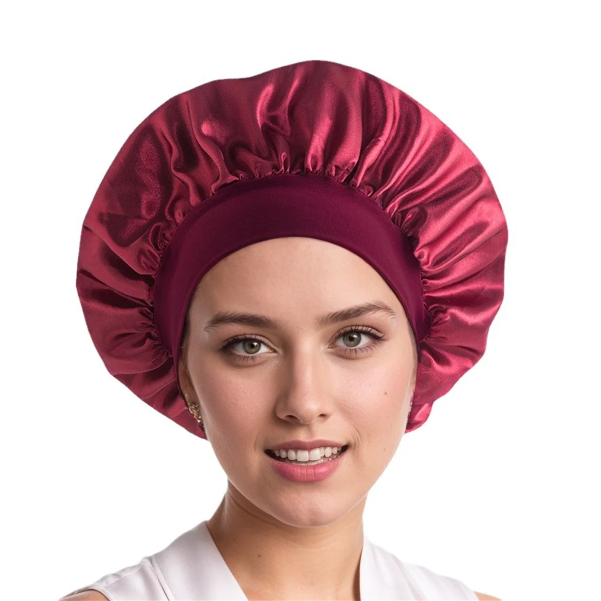 Cappello per capelli asciutti da donna con fascia alta elastica a tesa larga, cappello per la cura dei capelli di bellezza, berretto da notte in raso