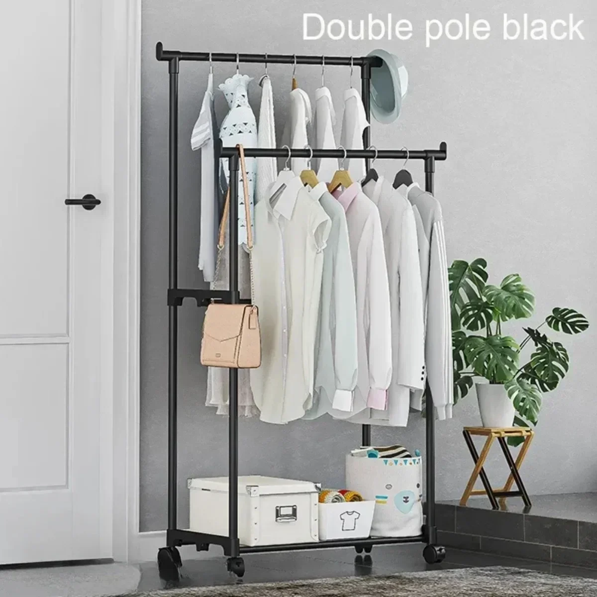 ปรับเสื้อผ้า Rack Home Organizer Double Rod โลหะแขวนล้อชั้นวางของตู้เสื้อผ้าขาตั้งเสื้อผ้าห้องนอน