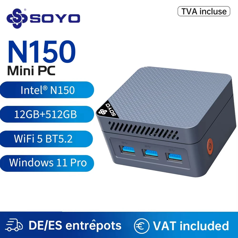 Mini PC SOYO Intel Twin Lake N150 Procesador LPDDR5 12GB RAM 512GB ROM Windows 11 Pro MiniPC WiFi 5 Computer desktop