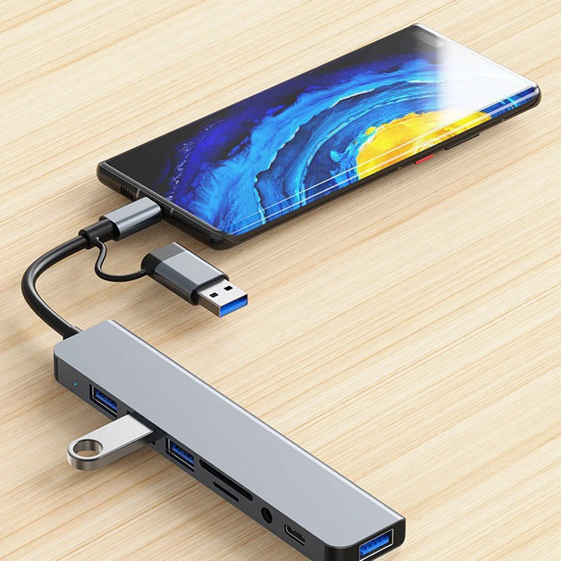 Estación de acoplamiento Hub USB tipo C 8 en 1 con conector de Audio de 3,5mm lector de tarjetas Micro SD para ordenador portátil tableta convertidor de disco de teléfono