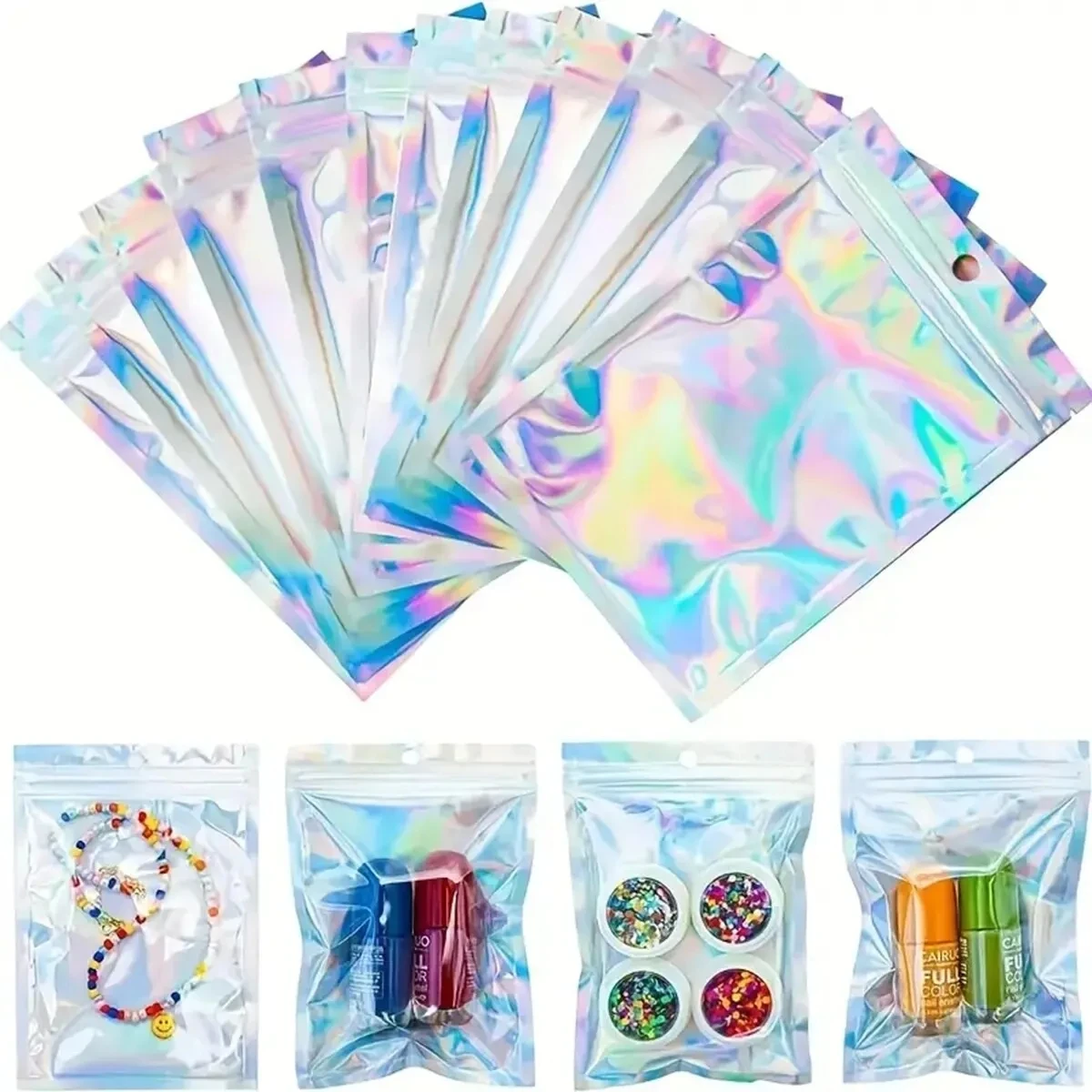100 Stück holografische Beutel mit Laser-Regenbogen-Muster, selbstdichtende Beutel, Süßigkeiten-Beutel, Frontscheibe, Probe, Schmuck, Verpackung, Kunststoffbeutel