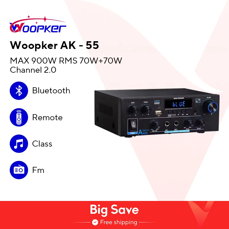 Amplificador de Áudio Woopker Bluetooth, HiFi AMP, Suporte Karaoke Music Player, AK55, Max 2.0 Channel Rated, 70W + 70W, 110V, 220V, 12V