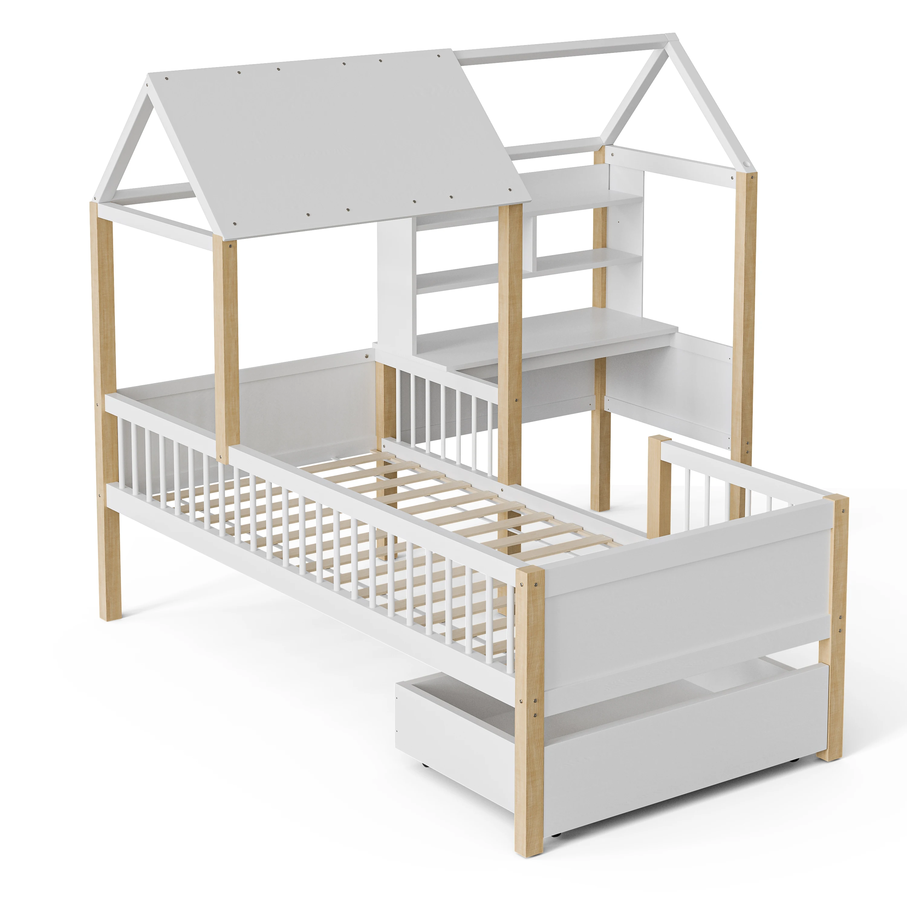 Cama infantil com moldura de segurança, mesa e estante em forma de L, gavetas com rodas, multif, 90x200 cm
