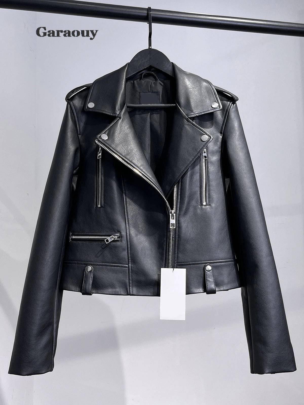 Garaouy-Chaqueta de cuero sintético para mujer, abrigo informal de manga larga con solapa y cremallera, ropa de calle para motocicleta, otoño