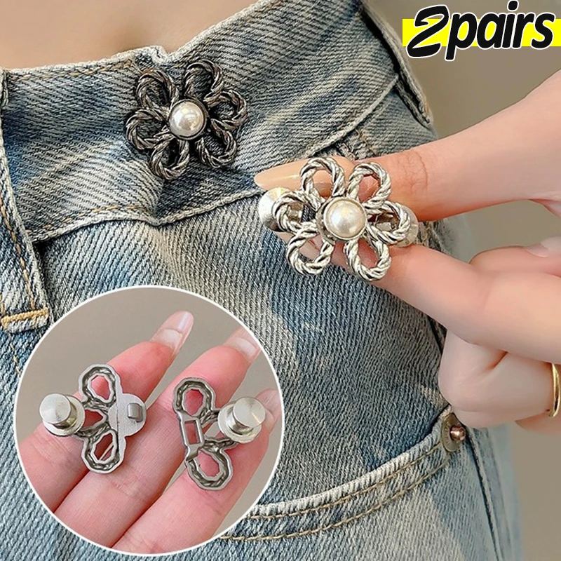 2 pares de hebillas de cintura de Metal, flor ajustable, ajuste de invisibilidad, decoración de pareja, pantalones, faldas, cambio de tamaño de grande a pequeño