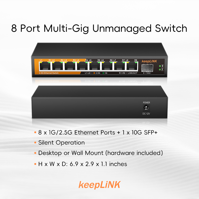 Red Ethernet KeepLiNK de 8 puertos y 2,5 Gbps con Plug and Play no administrado SFP+ de 1-10 Gb