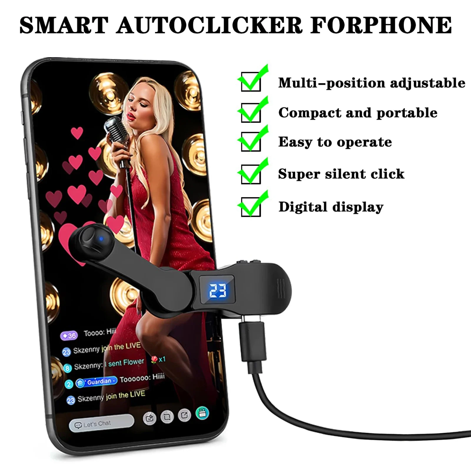 Clicker schermo automatico per applicazioni smartphone Video Streaming live Gadget Simulatore USB Schermo di gioco per smartphone Treppiedi touch Tapper
